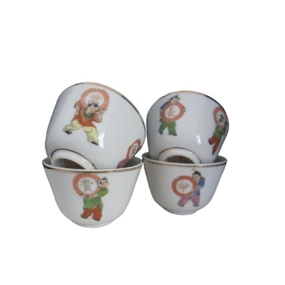 Chinese Teacups Vintage Luo Sen Jian Zhi Gold Trim Porcelain Footed Tea bowls